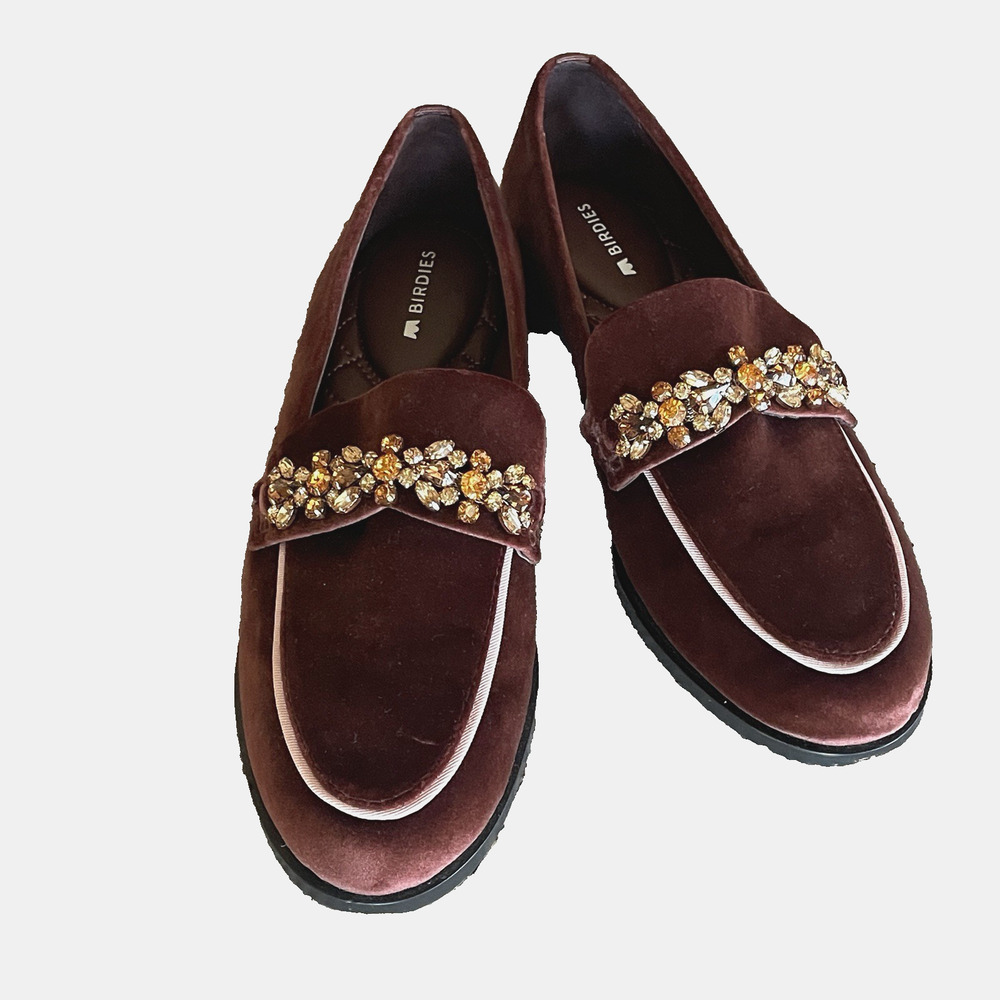 BIRDIES Women Size 6 Brown Velvet Amber Embellished Holiday Slip-On Loafer Flats